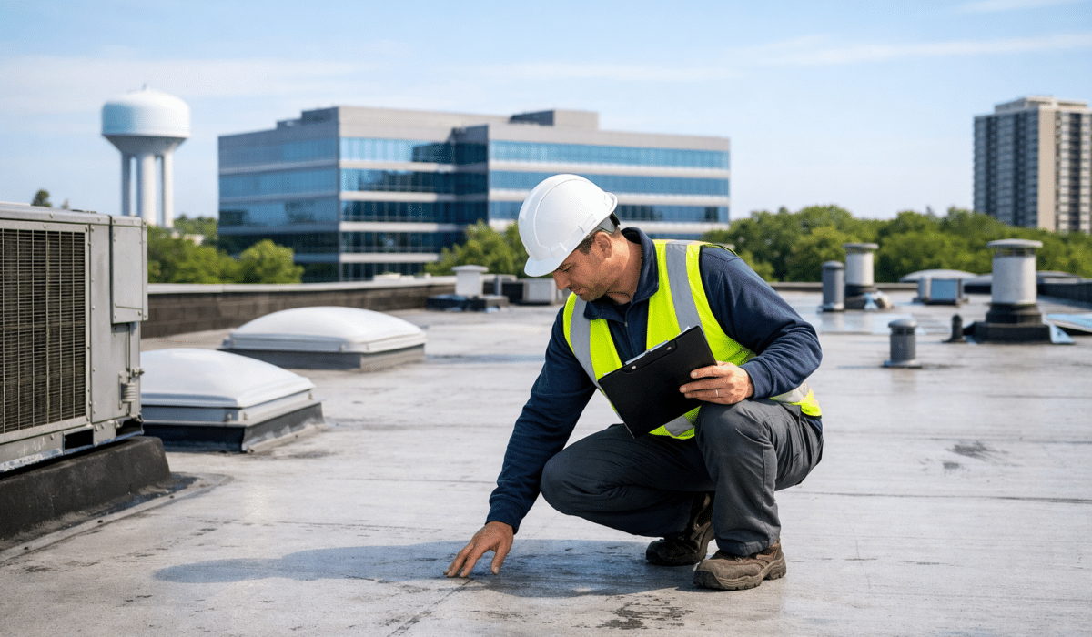 Roofer inspecting flat roof in Oakville