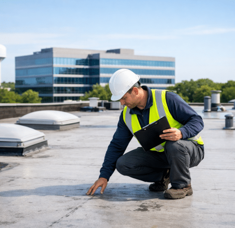 Roofer inspecting flat roof in Oakville