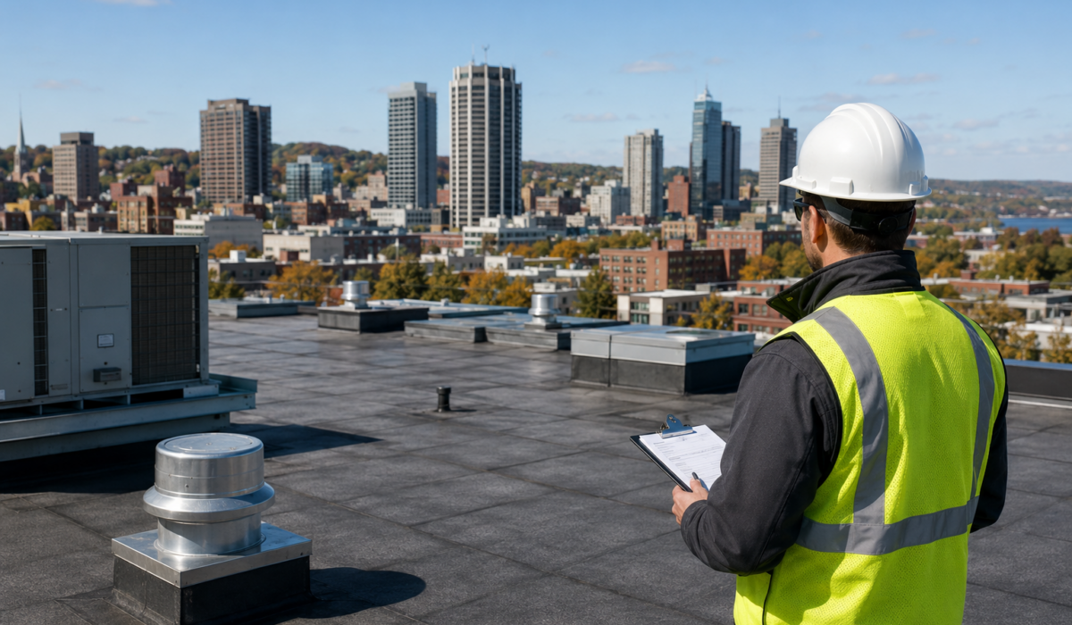 Rooftop inspection with city skyline view