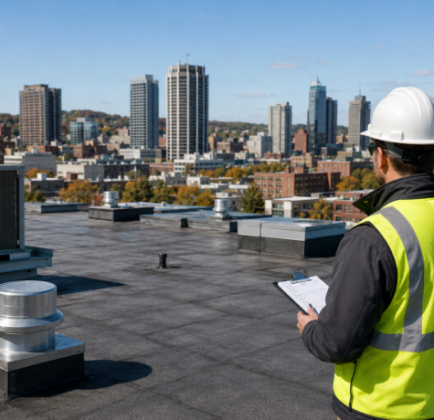 Rooftop inspection with city skyline view