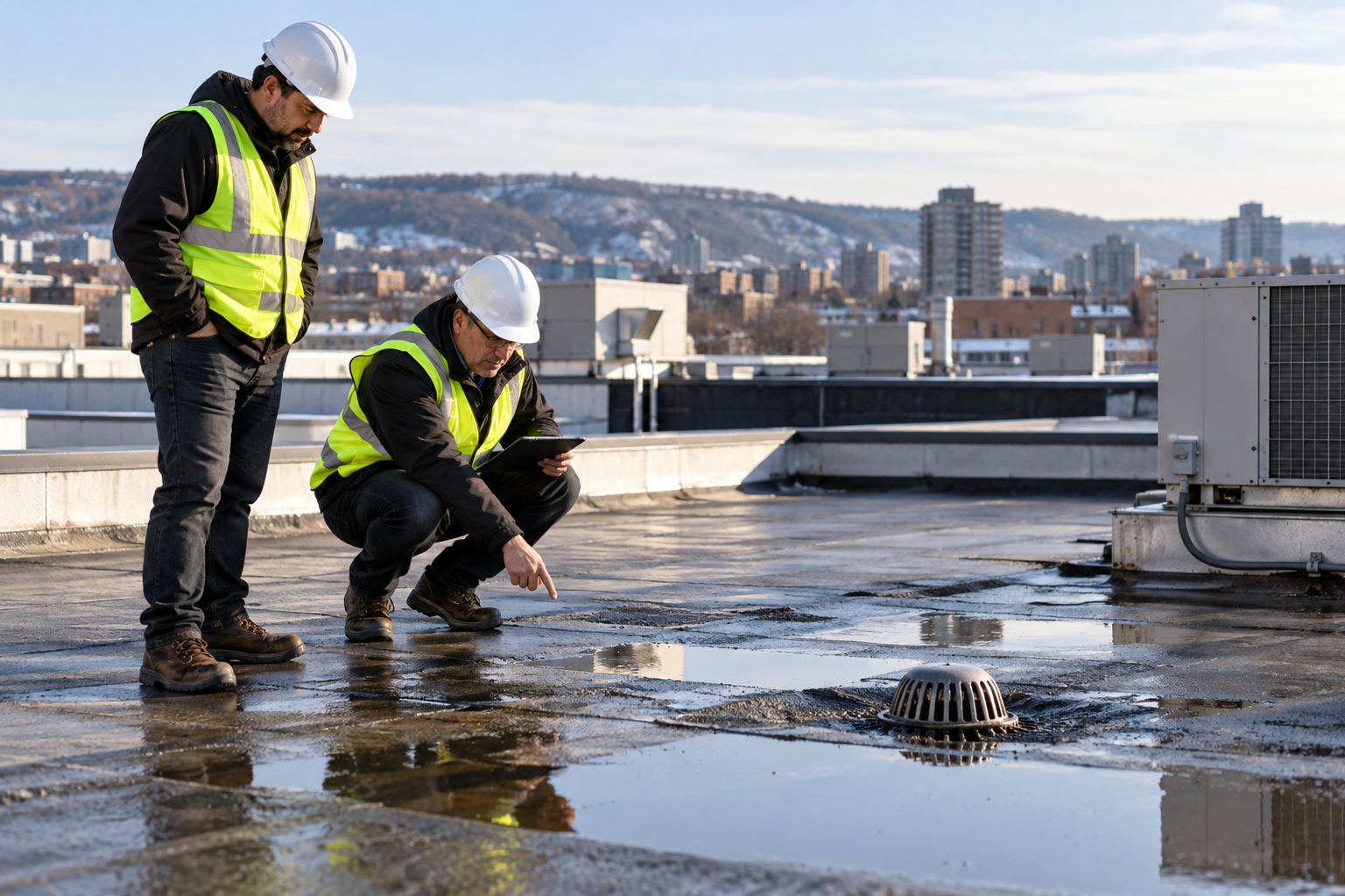 Rooftop Inspectors Examining Drainage